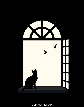 Indoor cat silhouette at the window, wathing birds. Copy space vector illustration-stock-foto