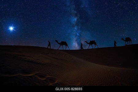 Christmas Jesus birth concept - Adoration of the Magi, Three Wise Men, Three Kings, and the Three biblical Magi with camel silhouettes journeying in sand dunes of desert follow Bethlehem star at night-stock-foto