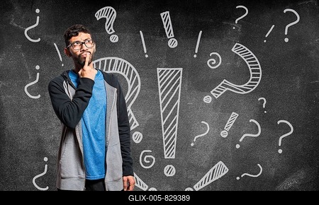 Thoughtful people looking up with exclamation marks, Thoughtful person with interrogation marks isolated, Indecisive people looking up, Concept of man asking with exclamation marks-stock-foto