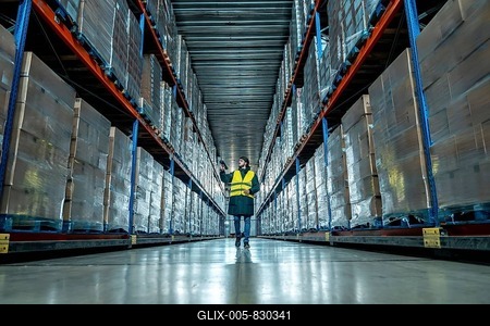 Male worker wearing a safety vest and warm clothing scanning inventory barcodes in a large aisle of a cold storage warehouse, managing frozen logistics and supply chain operations-stock-foto