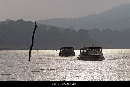 Excursion boats, Periyar Reservoir, Periyar National Park, near Thekkady, Kerala, South India, India, Asia-stock-foto
