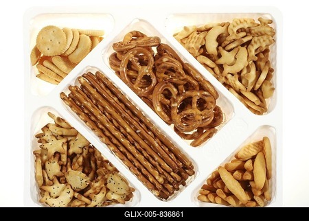 Salty snacks, assorted crackers and pretzels-stock-foto