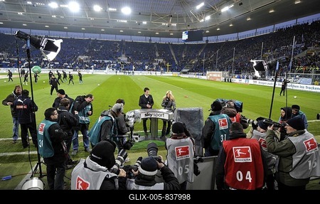 Interview by Jessica Kastrop, SKY, with coach Marco Pezzaiuoli, TSG 1899 Hoffenheim, in front of press photographers and cameras in the Rhein-Neckar-Arena, Sinsheim, Baden-Wuerttemberg, Germany, Europe-stock-foto