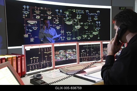 Power Control Centre of the ELE, Emscher Lippe Energie GmbH, a subsiduary of the RWE, control room of the regional energy network for gas and electricity, Gladbeck, North Rhine-Westphalia, Germany, Europe-stock-foto