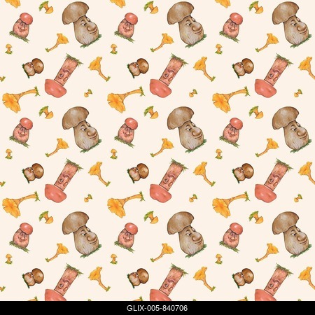 Wallpaper, wrapping paper, seamless pattern, boletus (Boletus), chanterelles (Cantharellus) and Leccinum (Leccinum), edible mushrooms, faces, clipping, background beige, Germany-stock-foto