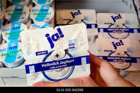 JA-brand yogurt, food hall, supermarket, Germany, Europe-stock-foto