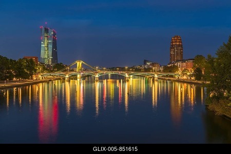View at blue hour of the colourfully illuminated Flößerbrücke, the European Central Bank on the left and the Main Plaza on the right, Frankfurt am Main, Hesse, Germany-stock-foto