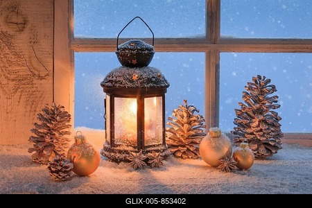 Lantern with Christmas decoration on windowsill-stock-foto