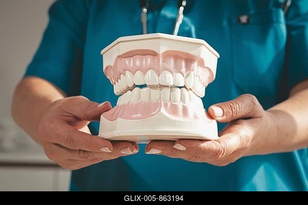 Dentist holds in his hands, dental model of teeth, in the clinic, natural light-stock-foto
