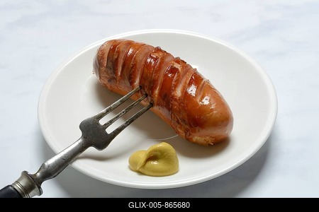 Fried sausage with mustard on plate, meat sausage, Germany-stock-foto