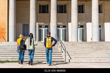 Horizontal full length photo with copy space of the rear view of university students arriving at the campus-stock-foto