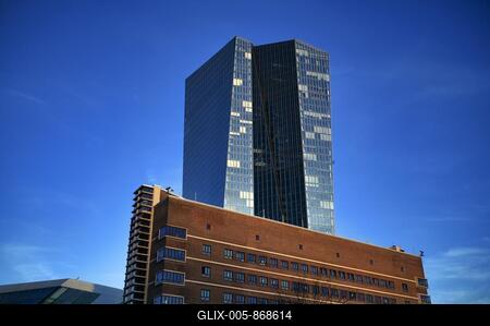 European Central Bank, ECB, Osthafen, Ostend, blue hour, Frankfurt am Main, Hesse, Germany-stock-foto