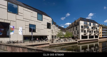 General view of the Augustinerhof with the German Museum Nuremberg, the Museum of the Future, in front the Pegnitz, Nuremberg, Central Franconia, Bavaria, Germany-stock-foto
