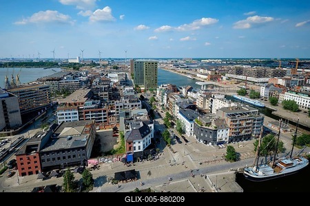 Aerial view of Antwerp city with port crane in cargo terminal. Antwerpen, Belgium. Benelux-stock-foto