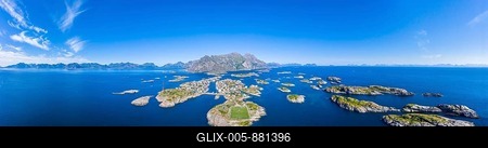 Aerial view, Henningsvaer with football stadium, rock islands in the sea off Bergen, Festvågtinden, Vestvågøy, Lofoten, Nordland, Norway-stock-foto