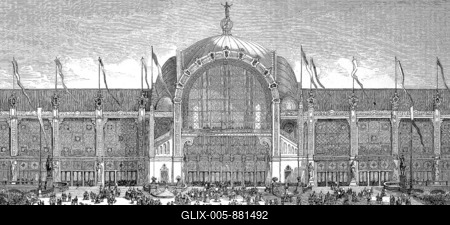 The Paris World's Fair, called Exposition Universelle in French, was held from 1 May to 10 November 1878, the Palace on the Champ de Mars, Paris, France, Historic, digitally restored reproduction of an original 19th century artwork, exact original date unknown-stock-foto