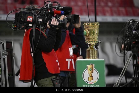 TV camera team films cup on podium, semi-final, DFB Cup, MHPArena, MHP Arena Stuttgart, Baden-Württemberg, Germany-stock-foto