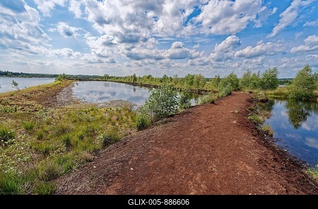 A drained peat path leads through the water areas in the Himmelmoor. Himmelmoor, the largest raised bog in Schleswig-Holstein, has been largely renaturalised and rewetted and is part of the European Natura 2000 protected area. Quickborn, Pinneberg district, Schleswig-Holstein, Germany-stock-foto