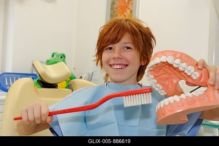 Boy at the dentist's, receiving instructions for dental care on a model, dental hygiene, dental care, dental visit-stock-foto