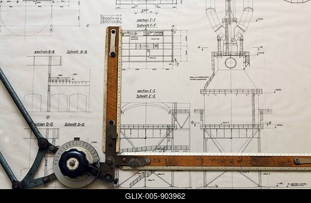 Design drawing of a dust catcher for a blast furnace, drawing board of the construction department of the Gutehoffnungshuette ironworks, GHH group, LVR Industriemuseum industrial museum, Oberhausen, Ruhrgebiet region, North Rhine-Westphalia, Germany, Europe-stock-foto