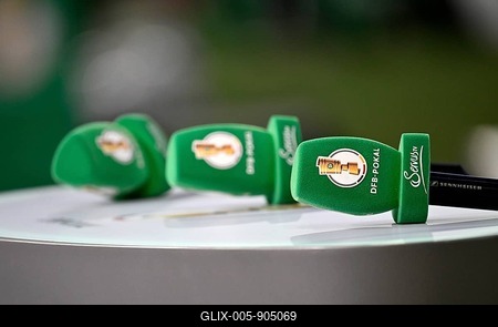 Microphones, microphones with DFB Cup logo lying on presentation table, semi-final, DFB Cup, MHPArena, MHP Arena Stuttgart, Baden-Württemberg, Germany-stock-foto
