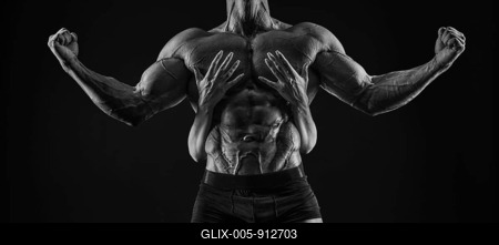 Perfect abdomen. Female hands embracing, touching muscular man abs isolated over black background. Sports, workout, bodybuilding concept. Front view. Horizontal shot-stock-foto