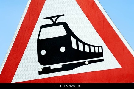 Road sign, level crossing without gate or barrier ahead, give priority to rail vehicles-stock-foto