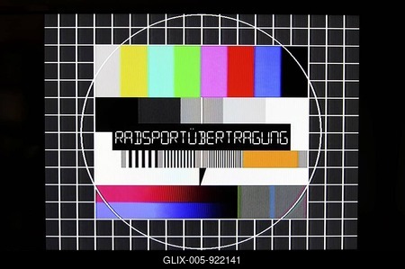 Television test pattern with "Radsportuebertragung" or transmission of a cycling event, symbolic image for no live broadcast of the Tour de France-stock-foto