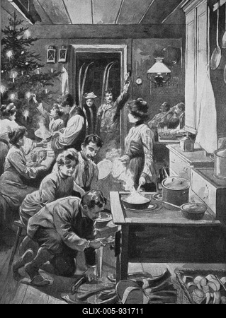 Christmas party in an alpine refuge in the mountains, Bavaria, Germany, Historical, digital reproduction of an original from the 19th century, original date not known-stock-foto