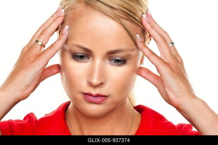A thoughtful young blond woman with headache and migraine, 25, 30, years, studio recording, Federal Republic of Germany-stock-foto