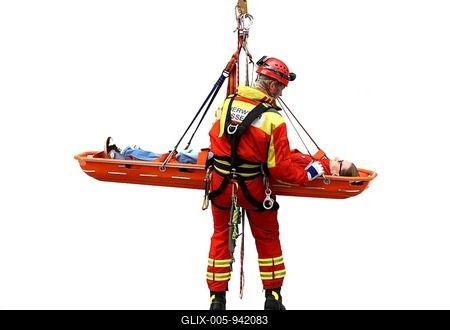 High-angle rescuer abseiling while rescuing a person in a rescue basket, a professional firefighter from the Berufsfeuerwehr Essen, Essen, North Rhine-Westphalia, Germany, Europe-stock-foto