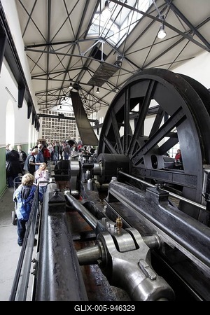 Steam engine as the drive of the conveying system in the Malakow Tower at the Hannover colliery, LWL Museum of Industry, Bochum, North Rhine-Westphalia, Germany, Europe-stock-foto