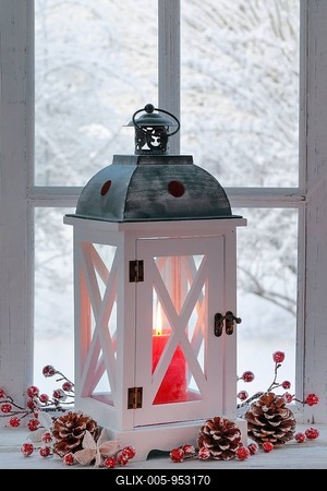 Lantern with Christmas decoration on windowsill-stock-foto