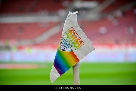 Corner flag in rainbow colours, LGBTQ, Lesbian, Gay, Bisexual, Transgender and Queer, Logo, MHPArena, MHP Arena Stuttgart, Baden-Württemberg, Germany-stock-foto