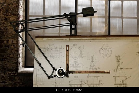 Drawing board of the construction department of the Gutehoffnungshuette ironworks, GHH group, LVR Industriemuseum industrial museum, Oberhausen, Ruhrgebiet region, North Rhine-Westphalia, Germany, Europe-stock-foto