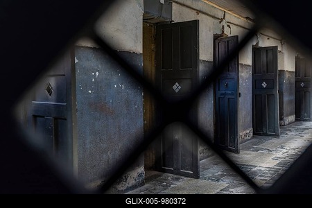 View through a grille of the wing with prisoners' cells in the former Presidio prison, Presidio Museum and Maritime Museum, Ushuaia, Tierra del Fuego Island, Patagonia, Argentina-stock-foto