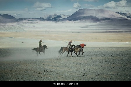 Festival of eagle hunters in Olgii Province, about 20 km from the provincial capital, where different methods of hunting are demonstrated and evaluated, as well as equestrian games and riding new mounts, Kisil Char, Olgii, Mongolia-stock-foto