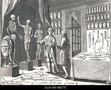 Medicine, Anatomy, Surgery, A surgeon shows a gentleman his practice, The room contains a human skeleton, decorated figures, rows of glasses and a variety of medical instruments, c. 1700, Historic, digitally restored reproduction from a 19th century original-stock-foto