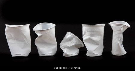 Disposable cup, plastic cup, in white, 0, 2 litres, drinking cup, disposable cup, plastic waste, used, crushed, crumpled-stock-foto