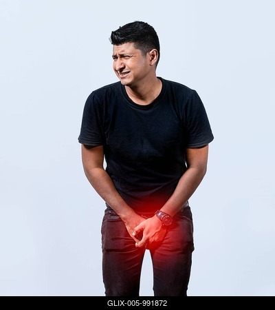 Medical problem, urinary incontinence concept. People with crotch pain, man with diarrhea problem-stock-foto