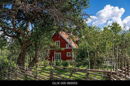 House with garden, birthplace of the Swedish natural scientist Carl von Linné, Råshult Södregård, parsonage in Stenbrohult parish, near Älmhult, Kronobergs län province, Småland, Sweden-stock-foto
