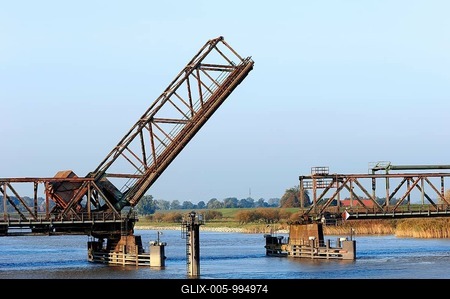 Friesenbruecke bridge when opened, a railway bascule bridge crossing the Ems River, Weener, East Frisia, Lower Saxony, Germany, Europe-stock-foto
