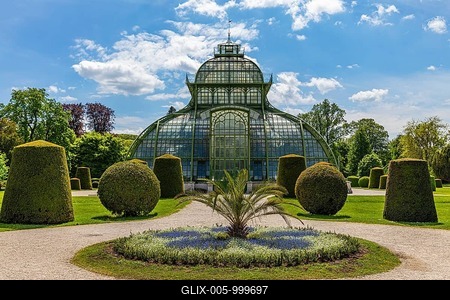 Trapezoidal and spherical common box (Buxus sempervirens) bushes, behind the Palm House, Schönbrunn Palace Park, Vienna, Austria-stock-foto