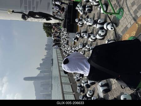HONG KONG, CHINA - DECEMBER 07: Thousands of giant panda sculptures are displayed at the Avenue of Stars in Tsim Sha Tsu-stock-foto