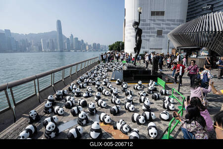 HONG KONG, CHINA - DECEMBER 07: Thousands of giant panda sculptures are displayed at the Avenue of Stars in Tsim Sha Tsu-stock-foto