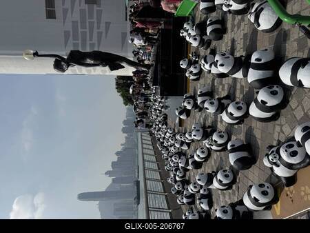 HONG KONG, CHINA - DECEMBER 07: Thousands of giant panda sculptures are displayed at the Avenue of Stars in Tsim Sha Tsu-stock-foto