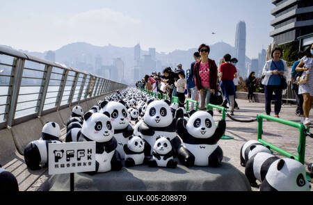HONG KONG, CHINA - DECEMBER 07: Thousands of giant panda sculptures are displayed at the Avenue of Stars in Tsim Sha Tsu-stock-foto