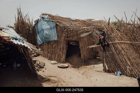  Sudanese refugees in Chad - 21/06/2024 - chad / ? Adre ? - A hut in an informal Sudanese camp in the desert around the-stock-foto