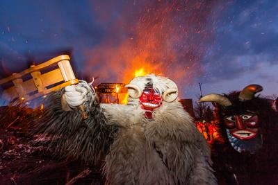 MOHACS, HUNGARY - FEBRUARY 17: Unidentified people in mask participants at the Mohacsi Busojaras, it is a carnival for spring greetings) February 17, 2015 in Mohacs, Hungary.-stock-photo