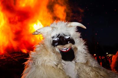 MOHACS, HUNGARY - FEBRUARY 17: Unidentified people in mask participants at the Mohacsi Busojaras, it is a carnival for spring greetings) February 17, 2015 in Mohacs, Hungary.-stock-photo